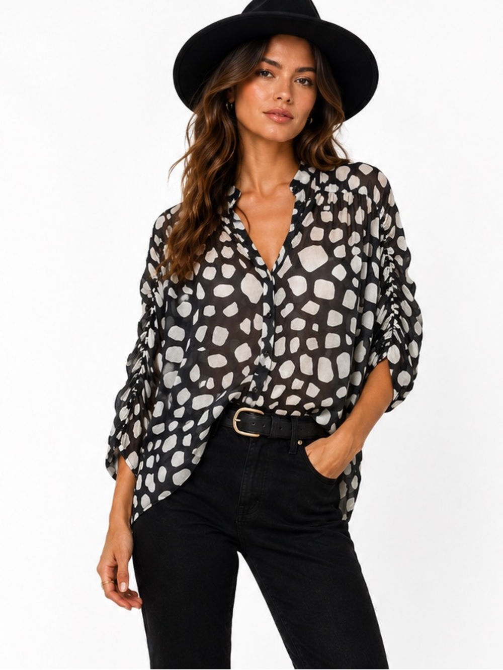 Club Monaco 100% Silk Blouse circle square pattern print black white button down